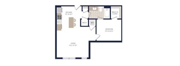 A floor plan of a small apartment with a kitchen, bedroom, and living room.