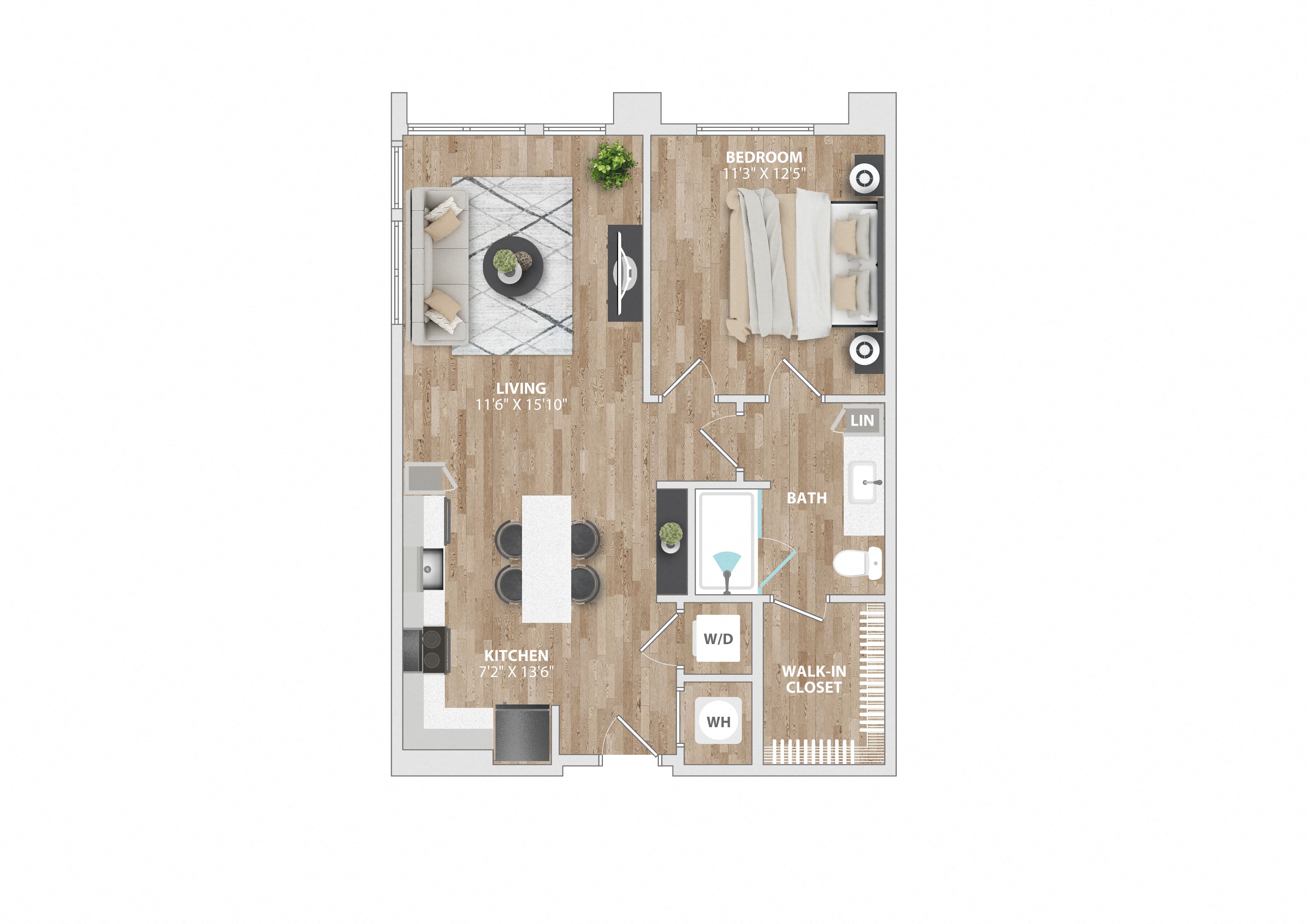 1 bed 1 bath A11A Floor Plan at South and Hollis, Charlotte, NC, 28209