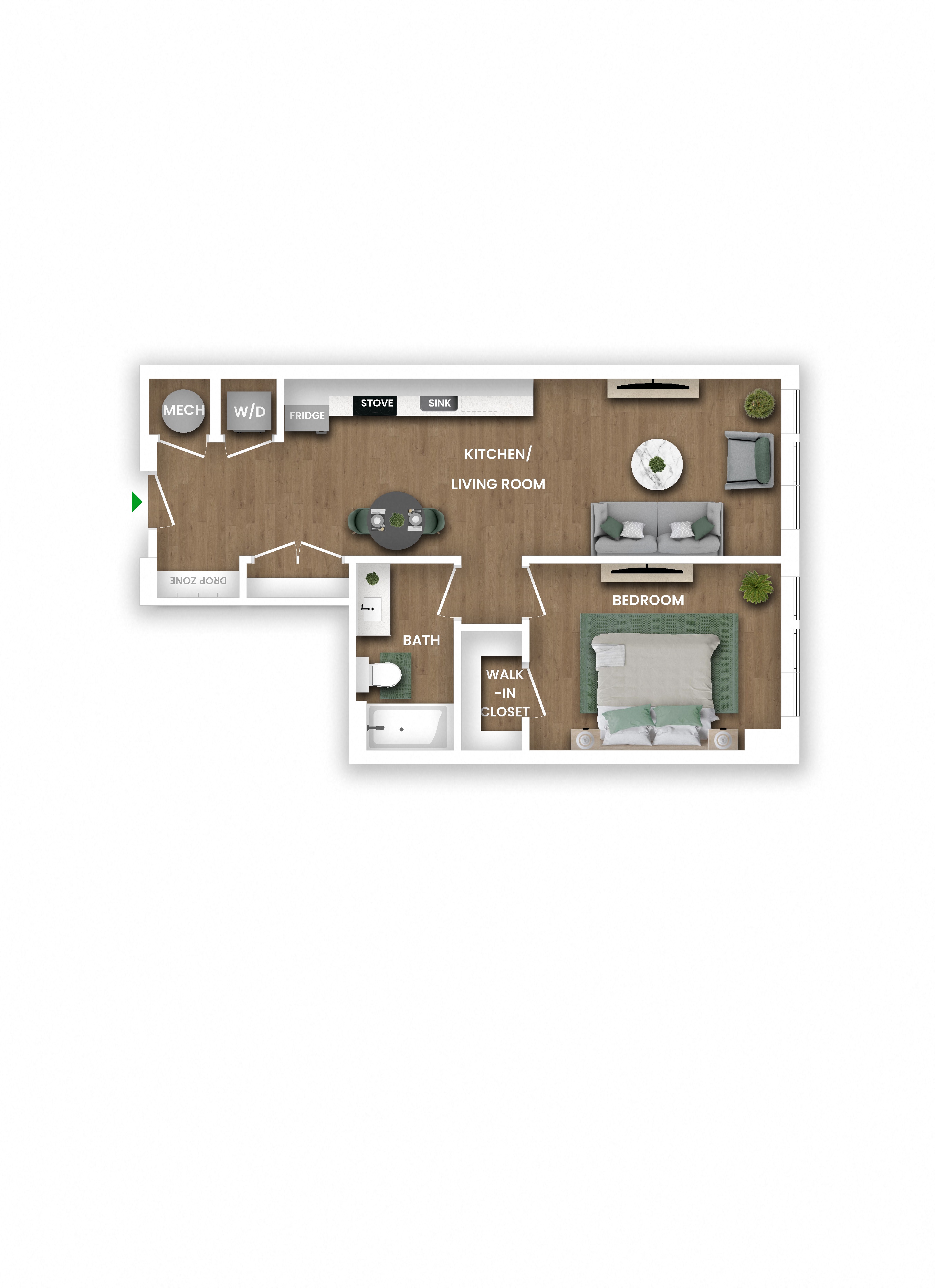 A floor plan of a house with a kitchen, living room, and bedroom.