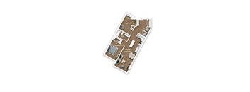 A floor plan of a house with a living room, dining room, kitchen, two bedrooms, a bathroom, and a den.