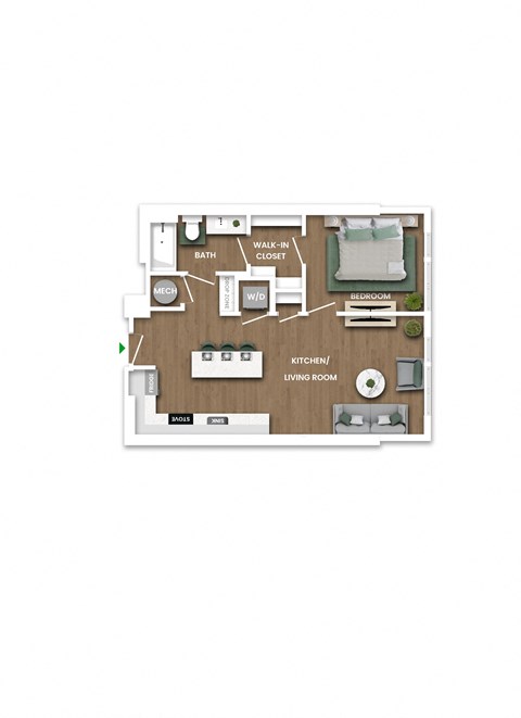 A floor plan of a small apartment with a kitchen, living room, and bedroom.