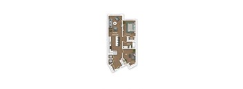 A floor plan of a house with a kitchen, living room, bedroom, bathroom, and a den.