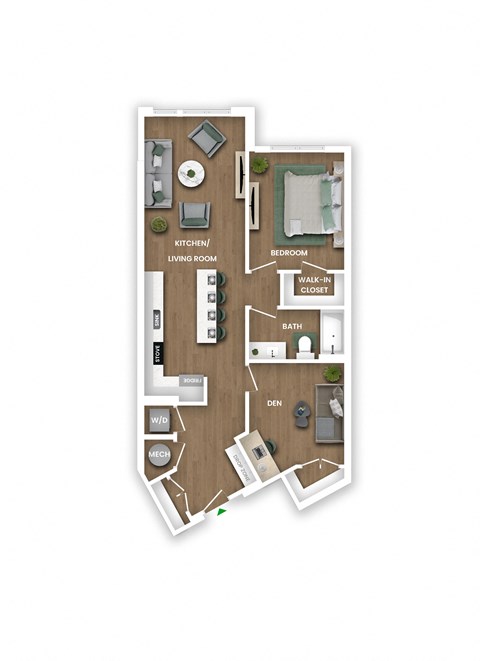 A floor plan of a house with a kitchen, living room, bedroom, bathroom, and a den.