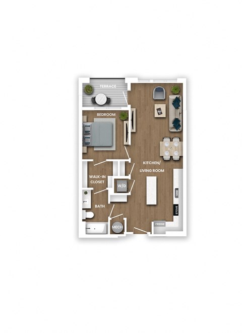 A floor plan of a house with a bedroom, living room, kitchen, bathroom, and terrace.