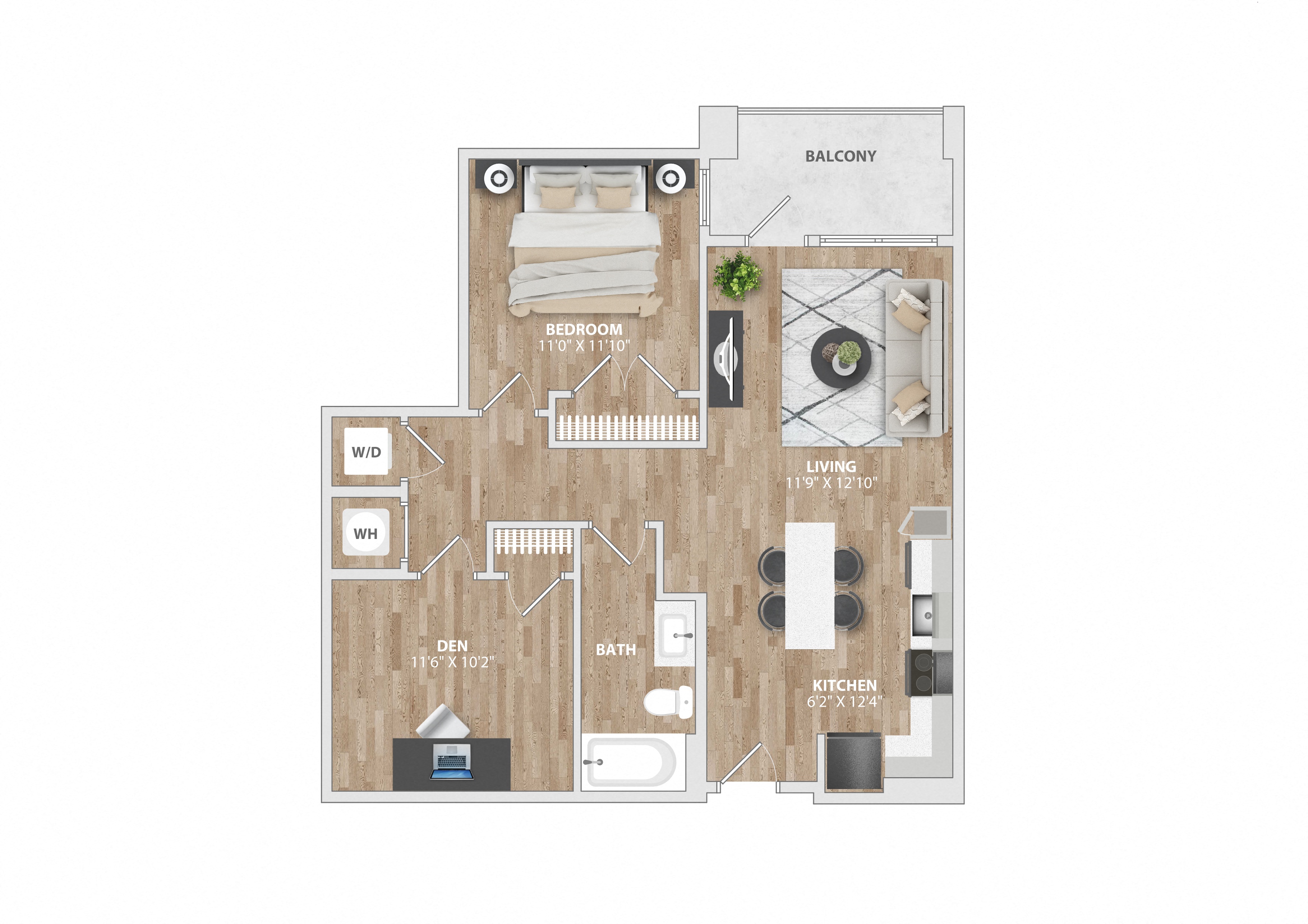 1 bed 1 bath A13D Floor Plan at South and Hollis, Charlotte, North Carolina