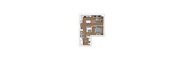 A floor plan of a house with a living room, kitchen, two bedrooms, a bathroom, and a garage.