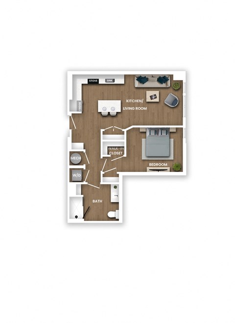 A floor plan of a house with a living room, kitchen, two bedrooms, a bathroom, and a garage.