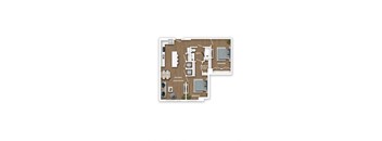A floor plan of a house with a living room, two bedrooms, a kitchen, a bathroom, and a walk-in closet.