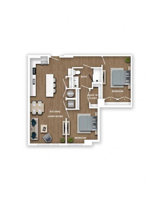 A floor plan of a house with a living room, two bedrooms, a kitchen, a bathroom, and a walk-in closet.