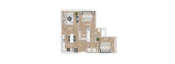 A floor plan of a small apartment with a living room, kitchen, bathroom, and bedroom.