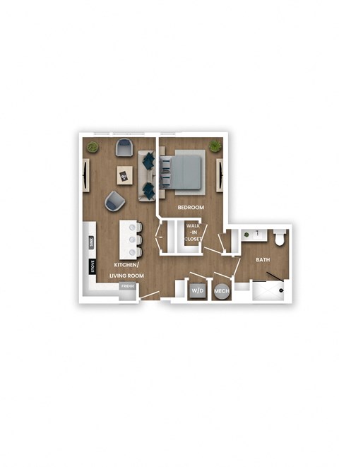 A floor plan of a small apartment with a bedroom, living room, kitchen, and bathroom.