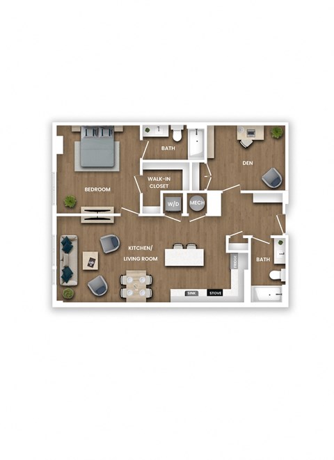 A floor plan of a house with a kitchen, living room, and bathroom.
