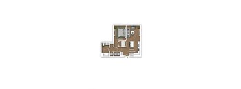 A floor plan of a small apartment with a bedroom, living room, kitchen, and bathroom.
