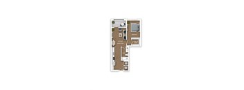 A floor plan of a house with a living room, kitchen, bedroom, bathroom, and walk-in closet.