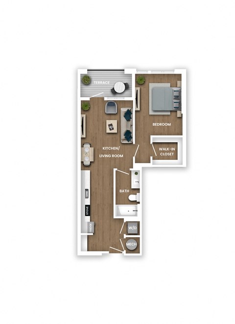 A floor plan of a house with a living room, kitchen, bedroom, bathroom, and walk-in closet.