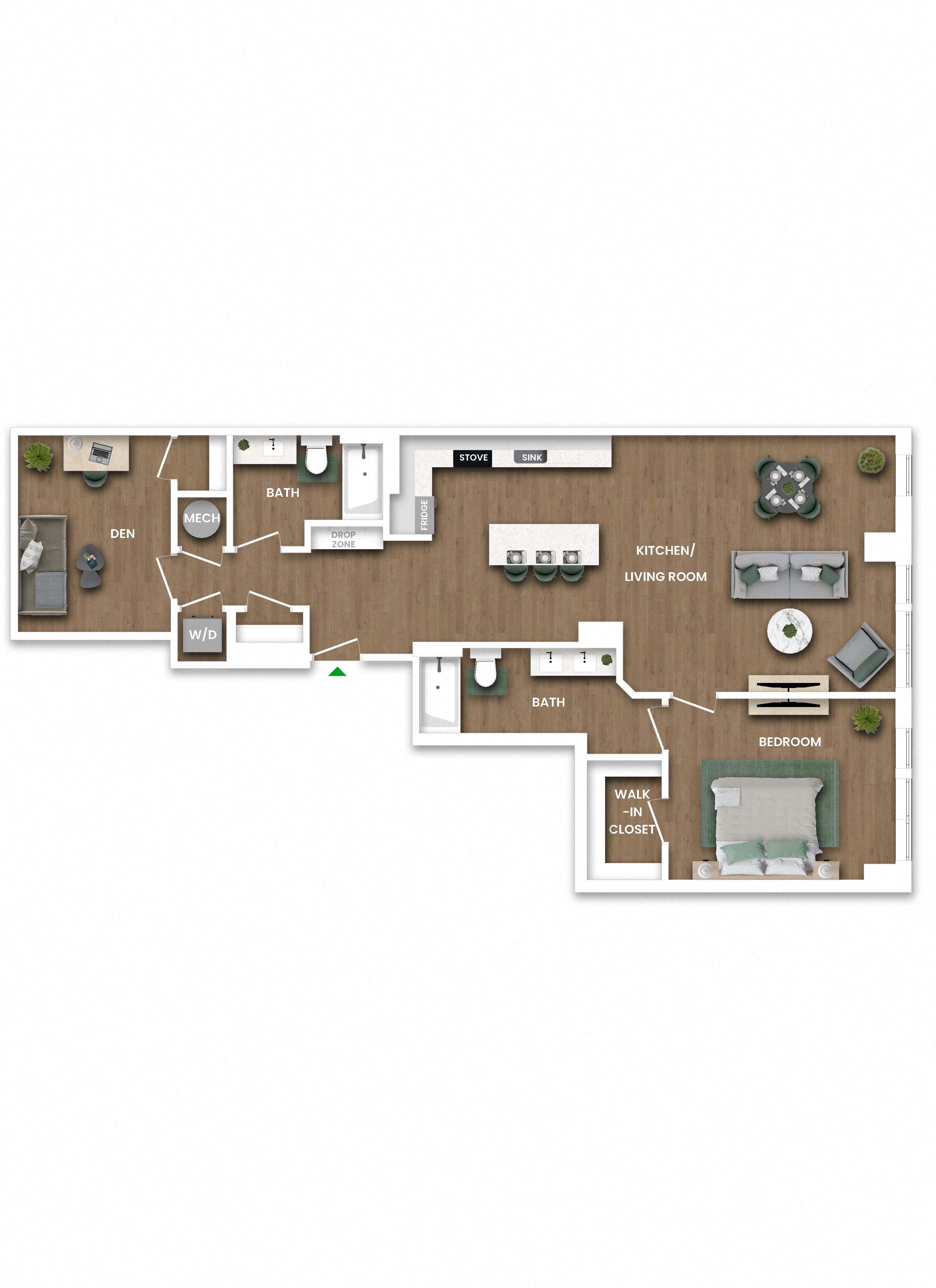 A floor plan of a house with a living room, kitchen, dining room, and two bedrooms.