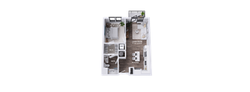 A floor plan of a small apartment with a bedroom, living room, kitchen, and bathroom.