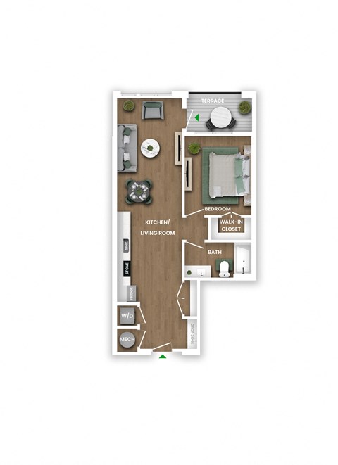 A floor plan of a small apartment with a kitchen, living room, bedroom, and bathroom.