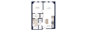 A floor plan of a small apartment with a bedroom, living room, kitchen, and walk-in closet.