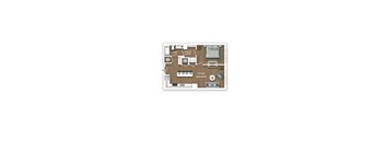 A floor plan of a small apartment with a bedroom, kitchen, and bathroom.