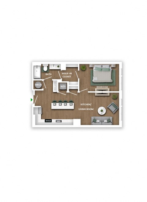 A floor plan of a small apartment with a bedroom, kitchen, and bathroom.