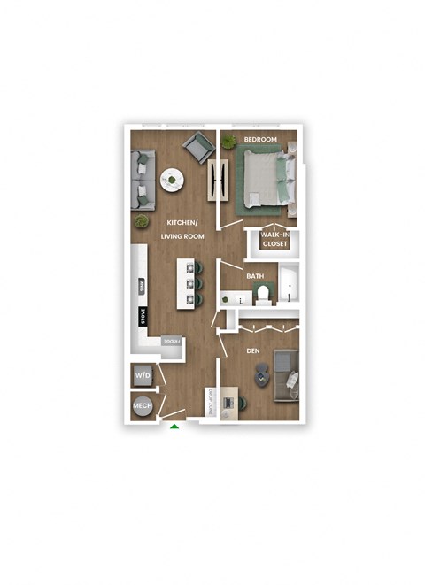 A floor plan of a small apartment with a kitchen, living room, and bathroom.