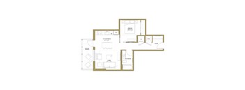 A floor plan of a house with a kitchen, living room, and bathroom.