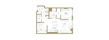 A floor plan of a house with a living room, kitchen, and two bedrooms.
