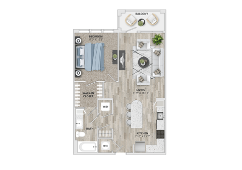 1 bed 1 bath A2 floor plan at Metropolitan at the Riverwalk, North Carolina