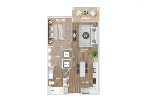 1 bed 1 bath A2-3 Floor Plan at Preston Ridge, Cary, 27513