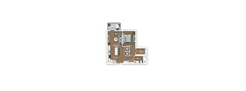 A floor plan of a house with a living room, dining room, kitchen, bath, and walk-in closet.