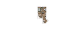 A floor plan of a small apartment with a bedroom, living room, kitchen, bathroom, and walk-in closet.
