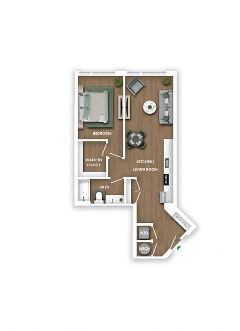 A floor plan of a small apartment with a bedroom, living room, kitchen, bathroom, and walk-in closet.