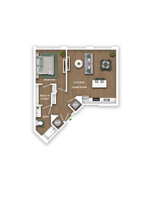 A floor plan of a small apartment with a bedroom, living room, kitchen, bathroom, and walk-in closet.