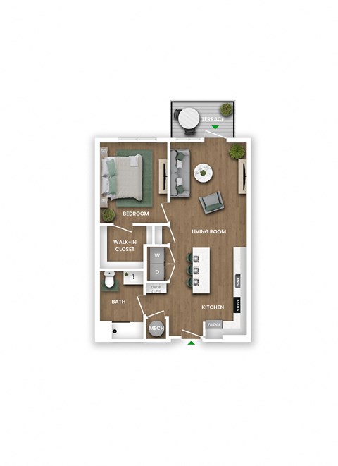 A floor plan of a house with a bedroom, living room, kitchen, bath, and walk-in closet.