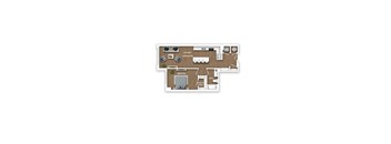 A floor plan of a house with a kitchen, living room, bedroom, bathroom, and walk-in closet.