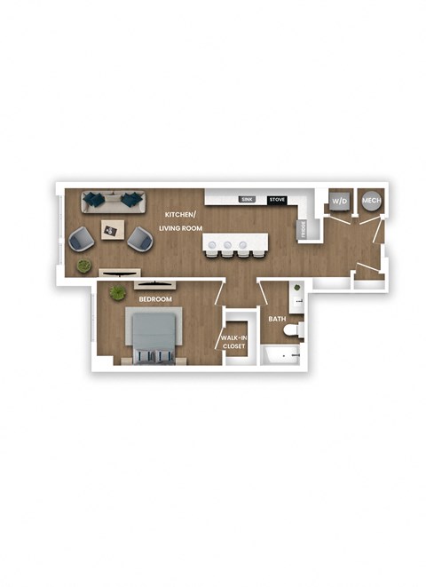 A floor plan of a house with a kitchen, living room, bedroom, bathroom, and walk-in closet.