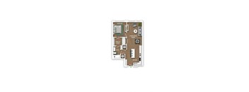 A floor plan of a small apartment with a bedroom, living room/dining area, kitchen, bathroom, and walk-in closet.