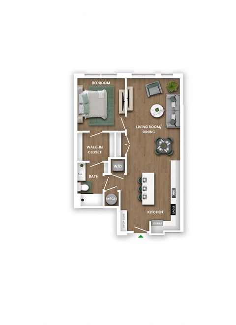 A floor plan of a small apartment with a bedroom, living room/dining area, kitchen, bathroom, and walk-in closet.