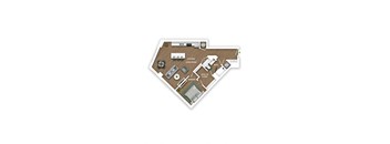 A floor plan of a house with a kitchen, living room, bathroom, and walk-in closet.