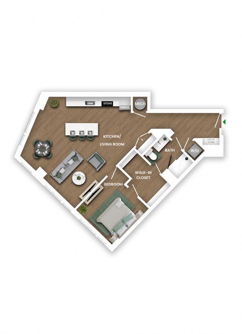 A floor plan of a house with a kitchen, living room, bathroom, and walk-in closet.