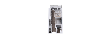 A top-down view of a small apartment with a living area, kitchen, and bedroom.