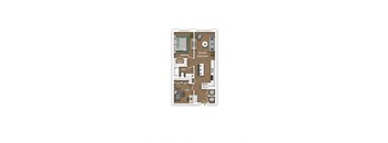 A floor plan of a small apartment with a bedroom, living room, kitchen, and bathroom.