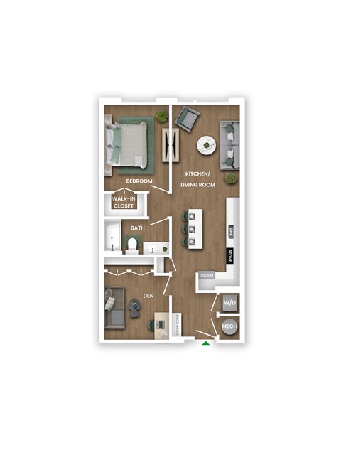 A floor plan of a small apartment with a bedroom, living room, kitchen, and bathroom.