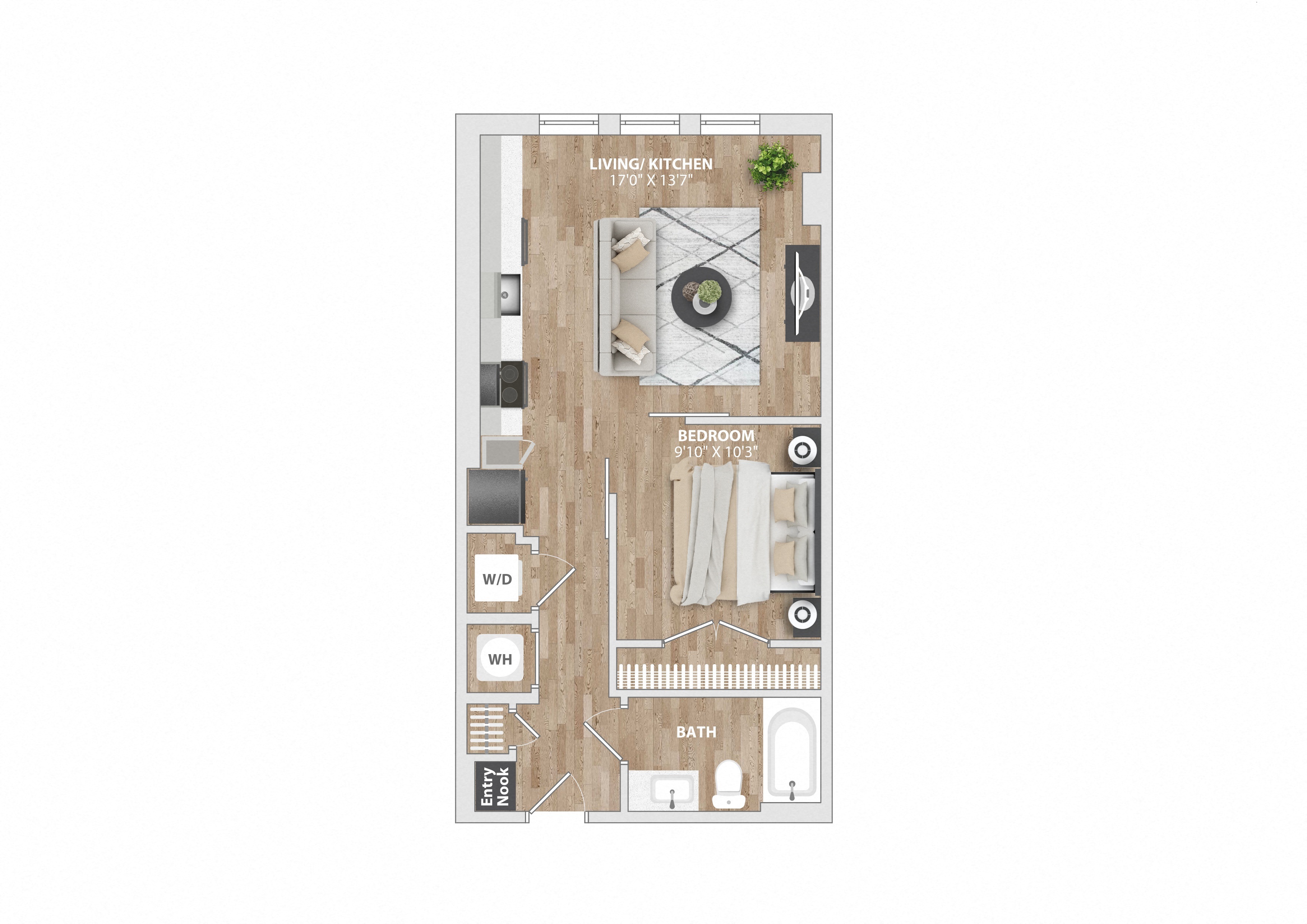 Studio 1 bath A2A Floor Plan
