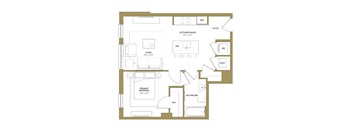 A floor plan of a house with a living room, kitchen, dining room, and bathroom.