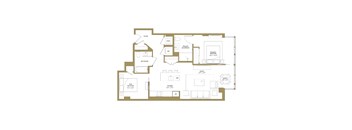 A floor plan of a house with a primary bedroom, a primary bathroom, a den, a kitchen, and a living room.