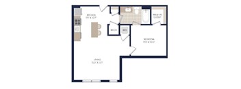 A floor plan of a small apartment with a kitchen, bedroom, and living room.