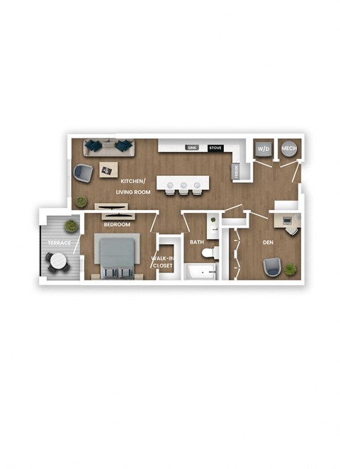 A floor plan of a house with a kitchen, living room, bedroom, bathroom, terrace, and walk-in closet.