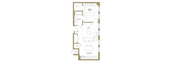 A floor plan of a small apartment with a living room, bedroom, bathroom, and kitchen.